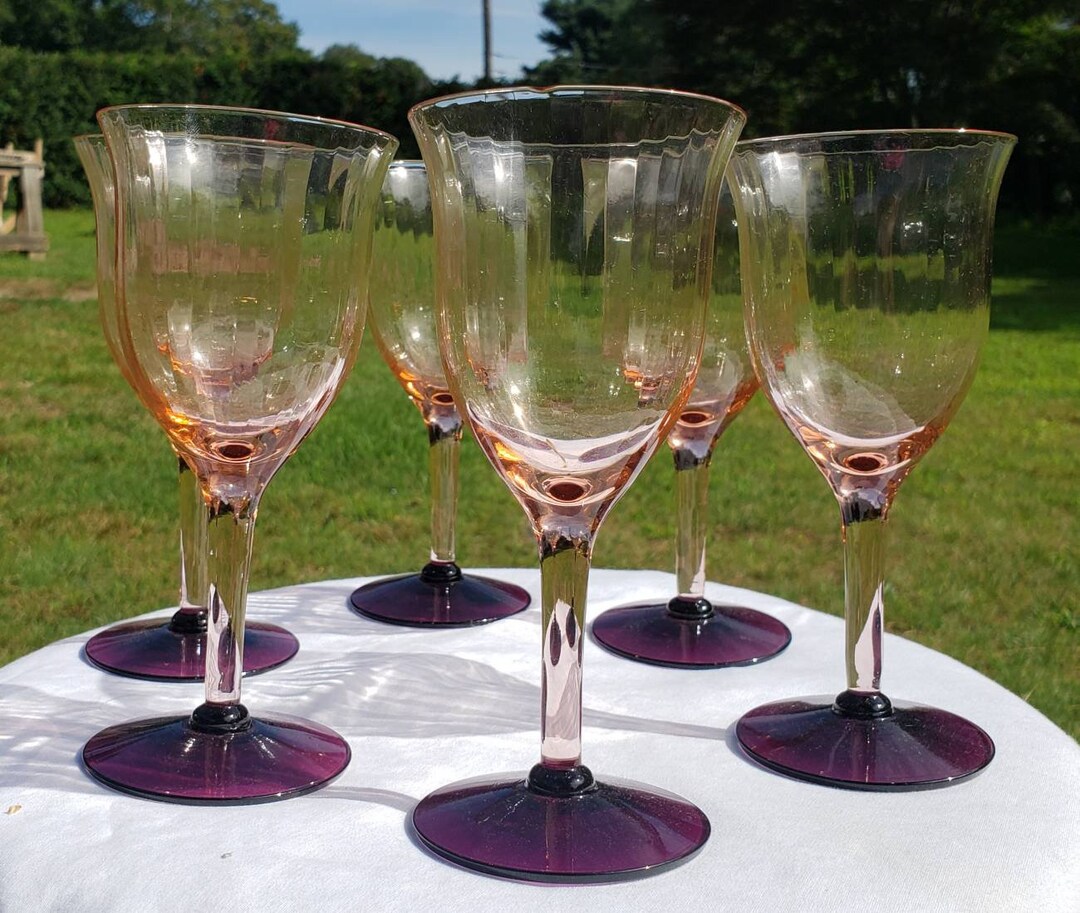 Rare, 1920's, Utility Glass, Patt UGWS02, Pink, Amethyst, Plum, Ribbed, Water Goblets