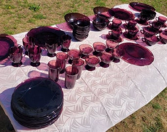 1930's, Hazel Atlas, Newport, Hairpin, Amethyst, Oval Platter, Serving Plate, Plates, Bowls, Cups, Juice Cups, Purple, Depression Glass