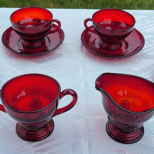 1930's, Vintage, New Martinsville, Moondrops, Moonstone, Ruby Red, Cups, Saucers, Sugar & Creamer, Depression Glass