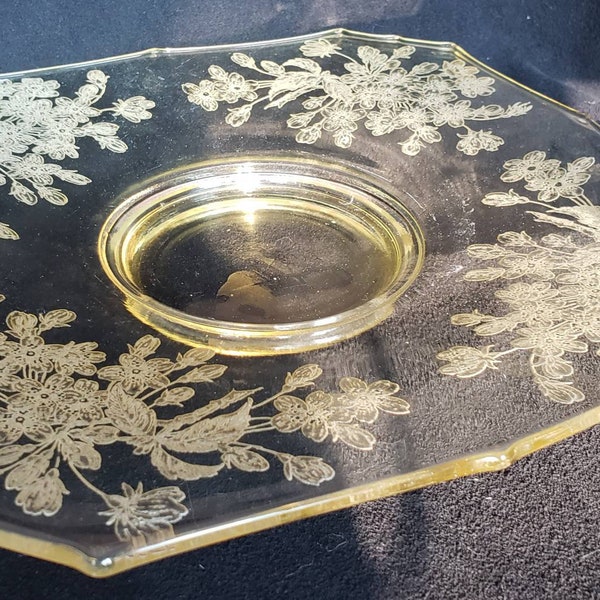 Rare, 1930's, Paden City Glass, Square, Cake Plate, Ardith Etch, Topaz, Yellow, Depression Glass, Elegant Glass