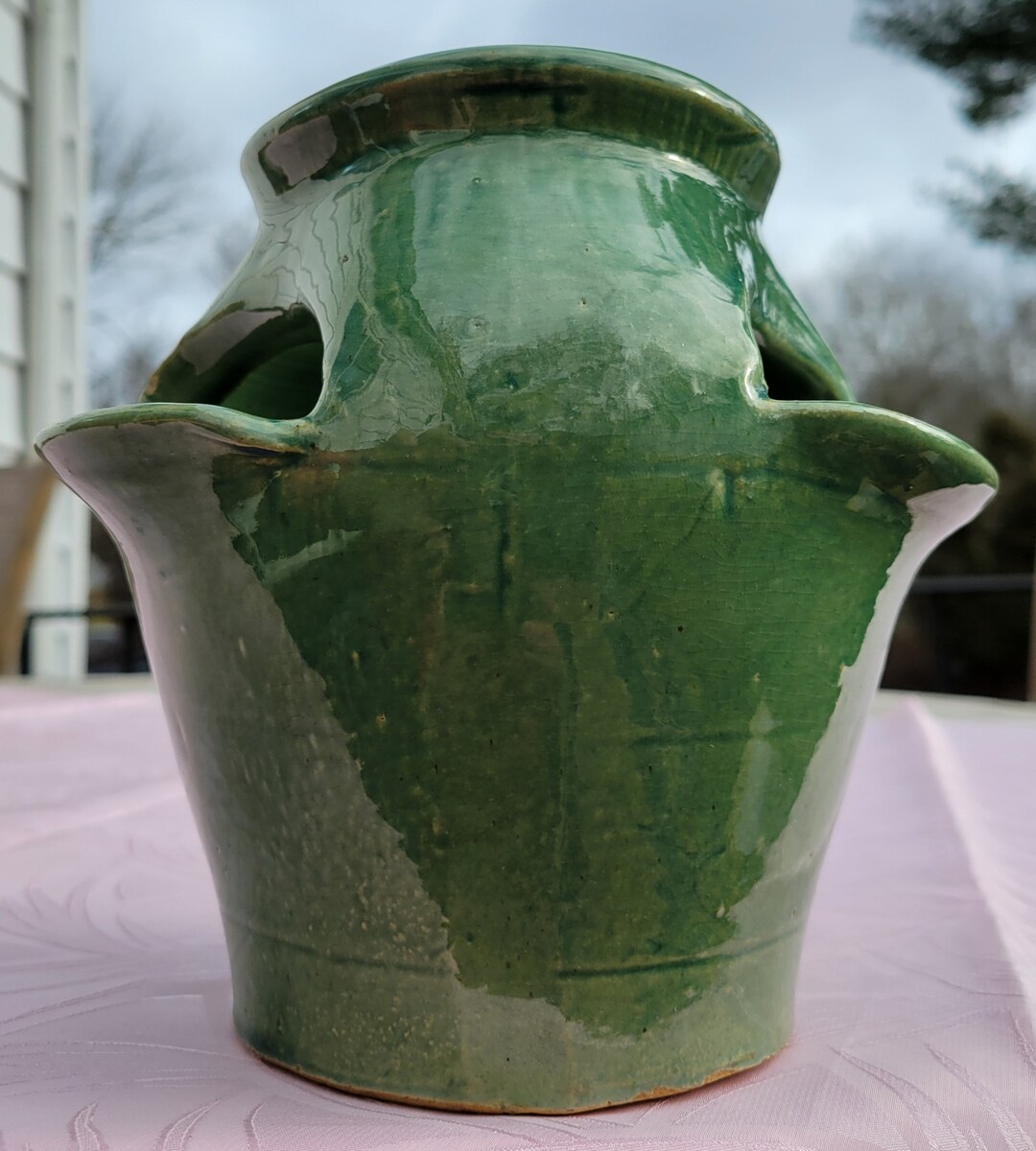 1890's, Zanesville Pottery, Strawberry Pot, Planter, Aqua Green