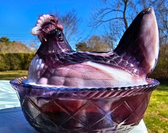 Amethyst, Slag, Glass, Nesting Hen, Hen on Nest, Covered Chicken, Candy Dish, Split Tail, Westmoreland, Signed, Purple Glass, Collectible