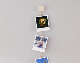 Vertical photo holder, Wood and twine clothespeg picture hanger, wall decoration