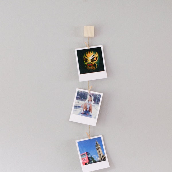Vertical photo holder, Wood and twine clothespeg picture hanger, wall decoration