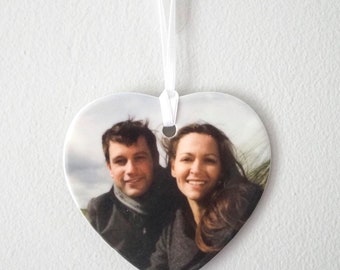 Personalised photo gift, ceramic heart keepsake with ribbon