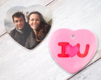 I love you personalised photo gift, Double sided ceramic love heart keepsake for valentines, anniversary, special occasion