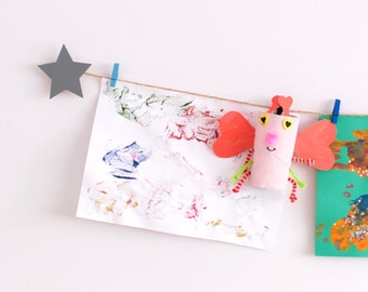 Kids art display with grey stars and mini clothespegs, Easy fit children&#39;s art work hanger
