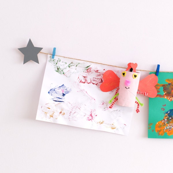 Kids art display with grey stars and mini clothespegs, Easy fit children's art work hanger