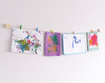 Kids art display with colourful clothespegs, Childrens wall art work hanger, Playroom decor