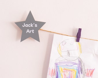 Kids art display with name on grey stars, Personalised art work hanger with mini clothes pegs, Playroom wall decor