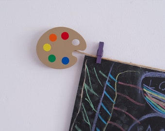 Kids art display with paint palettes and mini clothespegs, Easy fit playroom wall decor