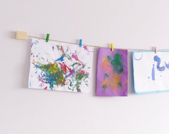 Kids art display with colourful clothespegs, Childrens wall art work hanger, Playroom decor