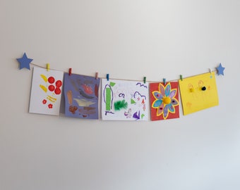 Periwinkle star kids art hanger with mini clothes pegs, Self adhesive children's artwork playroom display