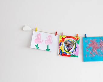 Kids art display with colourful clothespegs, Childrens wall art work hanger, Playroom decor, White clouds design