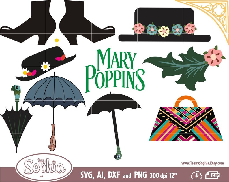 material Mary Poppins 15 Cliparts format Svg File for Cricut and Dxf File for Silhouette cutting machine plus Ai and Png file.