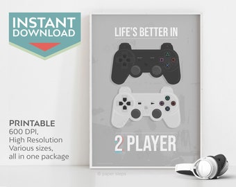 life is better 2 player mode video game art printable, gamer gifts for boys, 1st anniversary gifts for husband, twin boy room decor