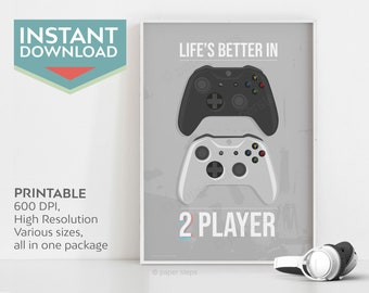 life is better 2 player mode video game art printable, gamer gifts for boyfriend, 1st anniversary gifts for husband, twin boy room decor