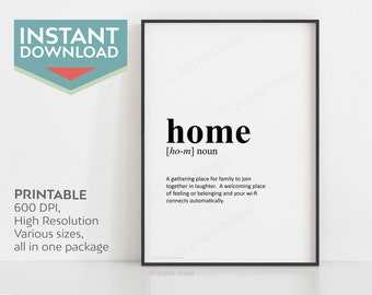 Definition of home signs wall decor digital download, Family wall decor living room, Black and white minimalist wall art, last minute gifts