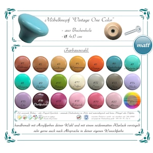 Könnte beinhalten: Holzmöbelknöpfe in verschiedenen Farben, darunter Blau, Braun und Rosa. Die Knöpfe haben einen Durchmesser von 4 cm und sind aus Buchenholz gefertigt. Eine Farbkarte zeigt verschiedene Optionen.