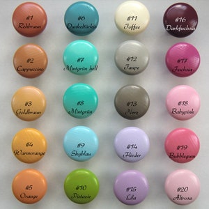 Könnte beinhalten: Zwanzig Holz-Knöpfe in verschiedenen Farben, jeder mit einer Nummer und einem Farbnamen in Deutsch. Die Farben umfassen: Rehbraun, Cappuccino, Goldbraun, Warmorange, Orange, Dunkeltürkis, Mintgrün hell, Mintgrün, Skyblau, Pistazie, Joffee, Jaupe, Nerz, Flieder, Lila, Darkfuchsia, Fuchsia, Babypink, Bubblegum, Altrosa.