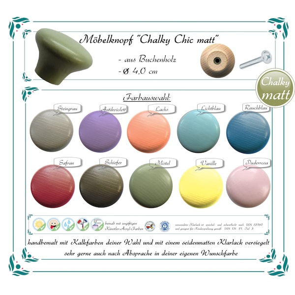 Möbelknopf - matt - Kreidefarben - Variante "Chalky Chic" - Möbelknauf - Holz - Buche - uni - handbemalt - einfarbig - seidenmatt