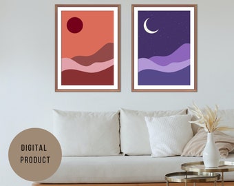Set of two prints |  Sun and moon wall art, boho sun and moon, boho art set, Colourful printable art