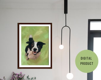 Könnte beinhalten: Digitale Malerei eines schwarz-weißen Border Collies vor grünem Hintergrund. Der Hund schaut direkt auf den Betrachter mit herausgestreckter Zunge. Das Gemälde ist in einem braunen Holzrahmen gerahmt.