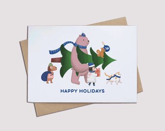 Los Angeles Dodgers Baseball Edition, Happy Holidays Greeting card with the cute illustrated girl, bear, puppy and cat!