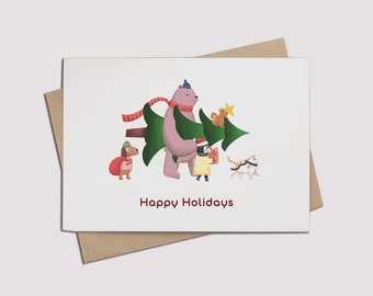 Winter Wonderland: Happy Holidays Greeting card with the cute illustrated girl, bear, puppy and cat!