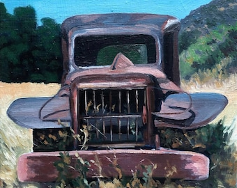 Small Vintage Truck Painting MASH Art Original Landscape Oil Painting Boho Home Decor