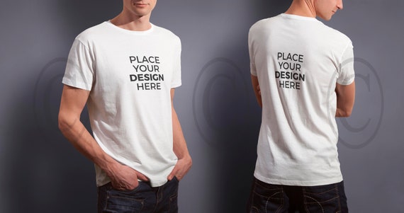 White Men T-Shirt Mockup Gray Background Styled Photo Digital