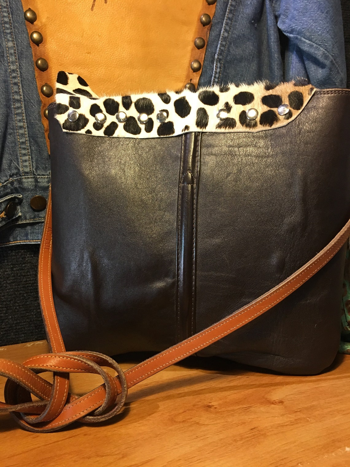 Justin Boot Tops Black Leather Shoulder Bag With Hair on Faux Leopard