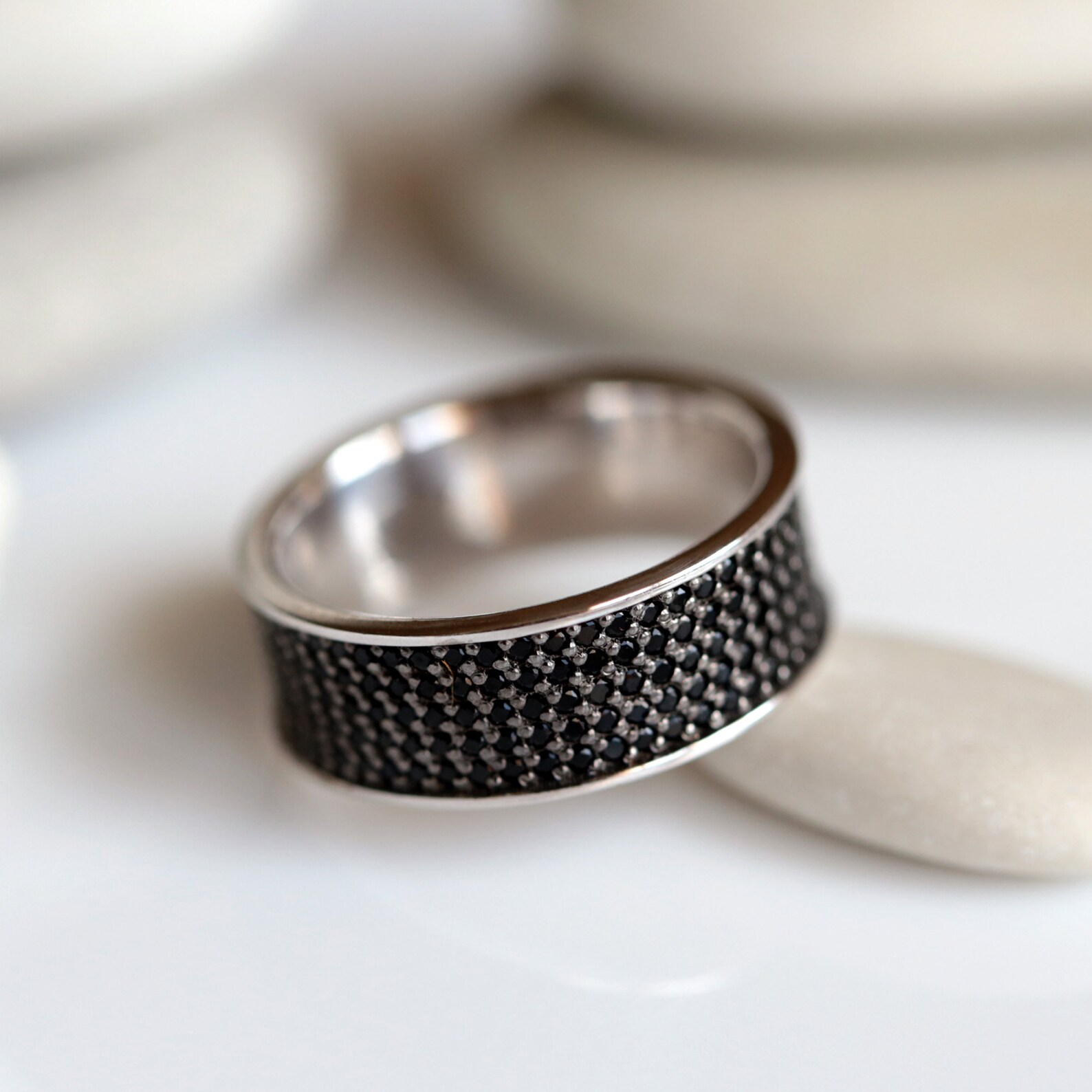 Black CZ Pave Ring Wide Band Full Eternity Ring 925 Sterling Etsy