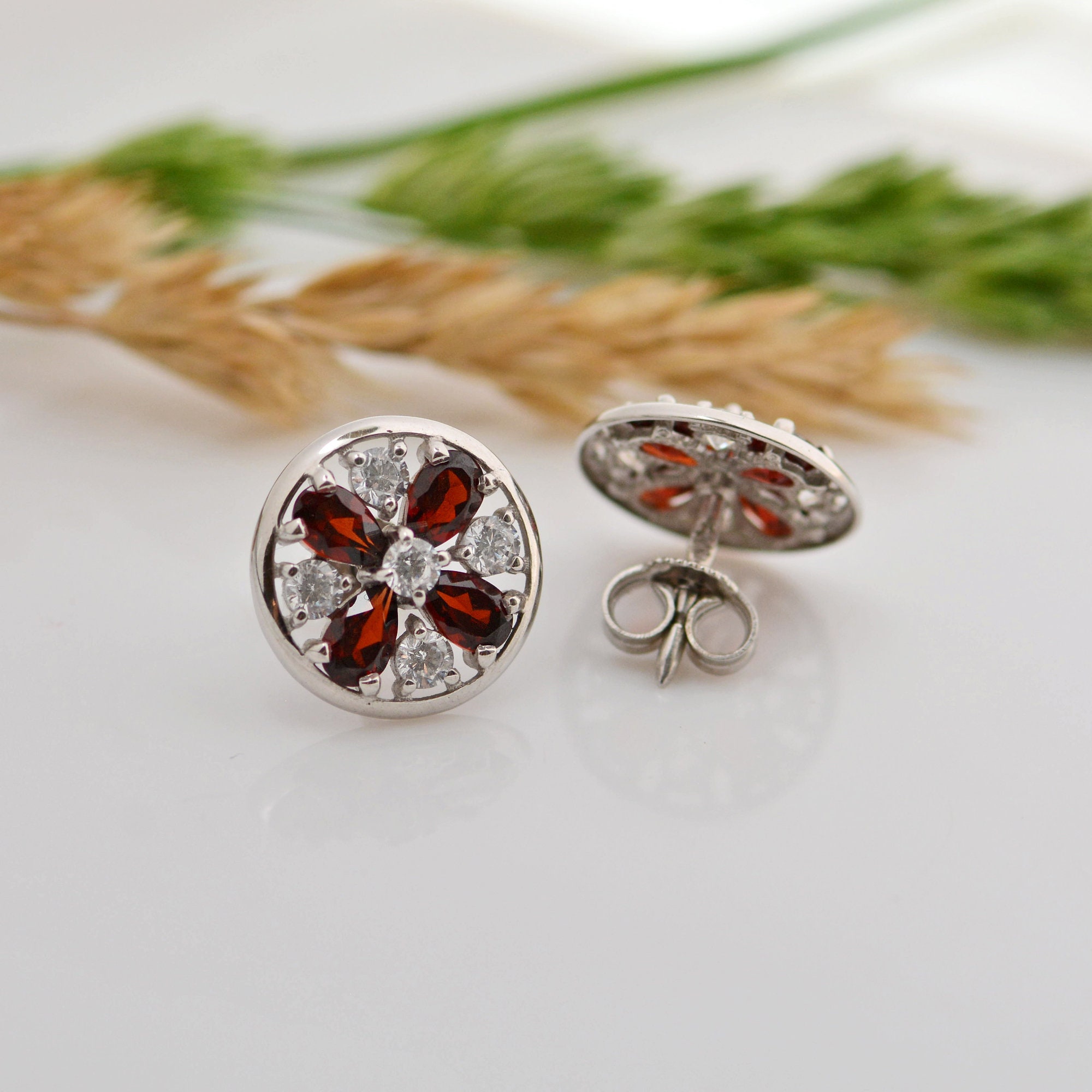 Garnet Gemstone Floral Stud Earrings 925 Sterling Silver | Etsy