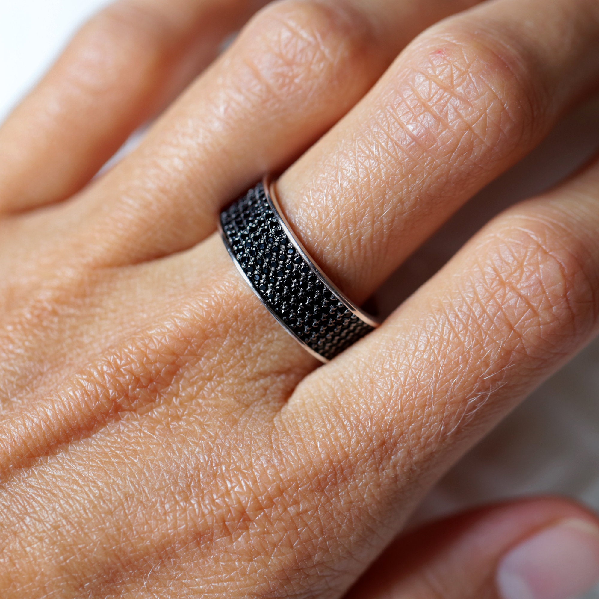Black CZ Pave Ring Wide Band Full Eternity Ring 925 Sterling Etsy