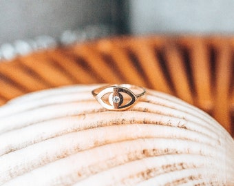 14k Yellow and Rose Gold Evil Eye Protection Ring With Colourless Cubic Zirconia Stone