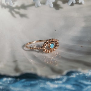 14k Rose Gold Evil Eye Protection Ring With Turquoise Stone with Eyelashes