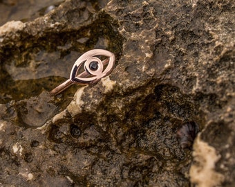 14k Yellow and Rose Gold Evil Eye Protection Ring With Black Cubic Zirconia Stone