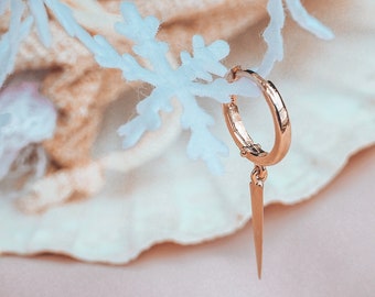 Charm Earring 14k Yellow or Rose Gold Hoop Earring/ Ear Piercing with 14k Gold pointy bar, Charm Gold Hoop, Minimal Earring