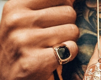 Black Enamel 14k Solid Yellow Gold Signet Ring Unisex Women's Men's