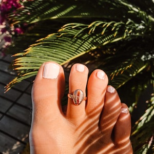 May include: A gold toe ring with a red and white shell design. The ring is worn on the second toe of a foot.