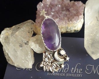 Rose Moon Pendant - Amethyst and silver blossom, stars and moon pendant