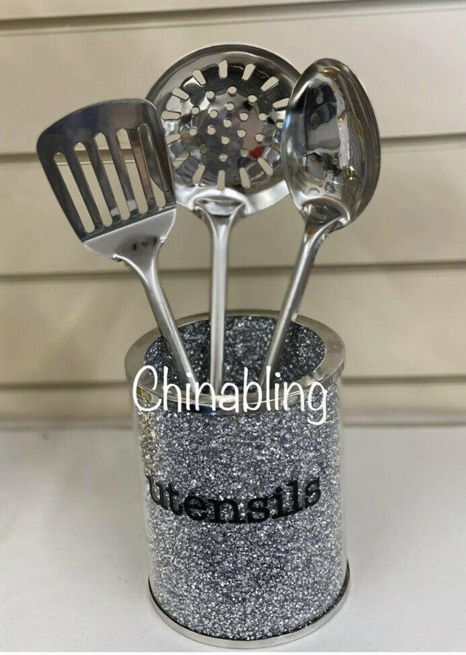 Crushed Diamond Silver Crystal Filled Utensil Holder Kitchen Etsy UK