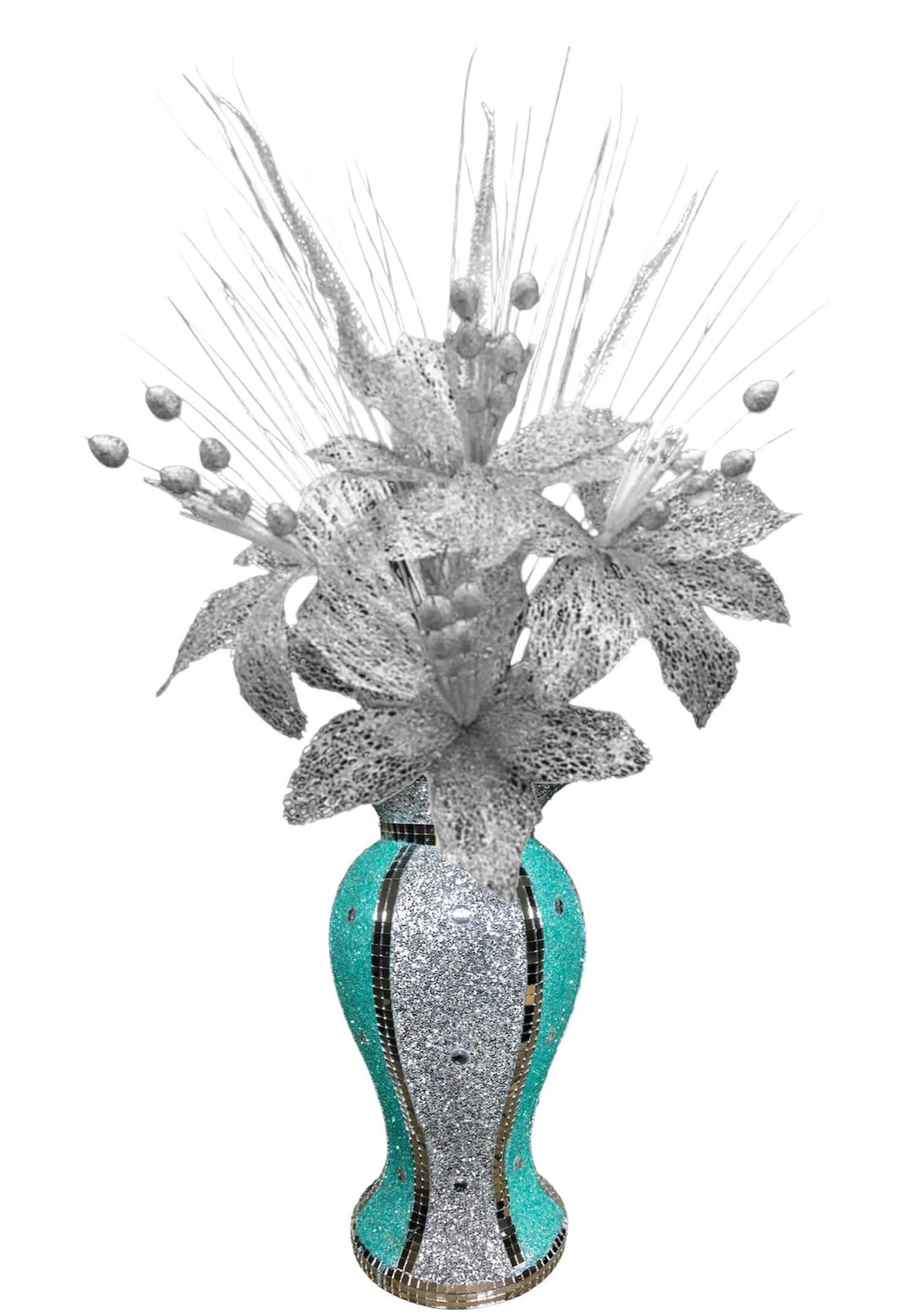 Turquoise Silver Vase & Flowers Mosaic Crushed Crystal Romany Bling