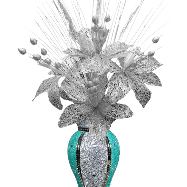 Vase Argent Turquoise & Fleurs Mosaïque Cristal Broyé Décor Romany Bling 30cm