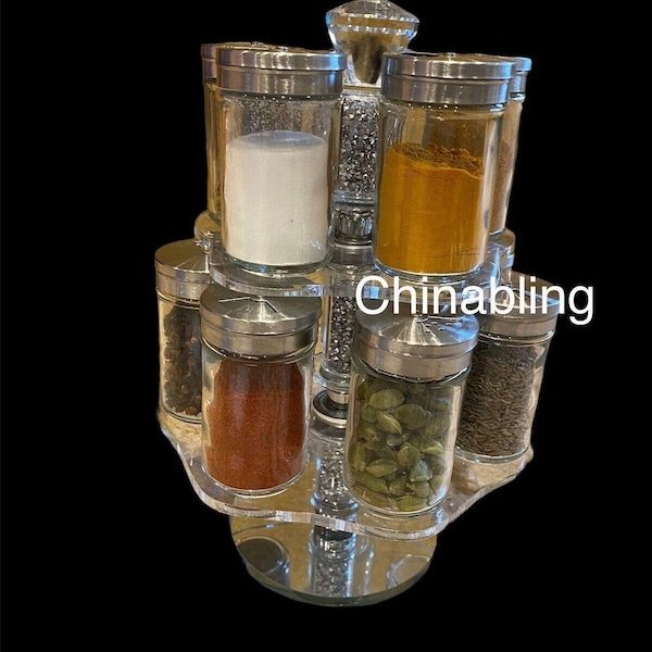 Crush Diamond Stand Rack With 12 Spice Herbs Jars Canisters Silver Kitchen