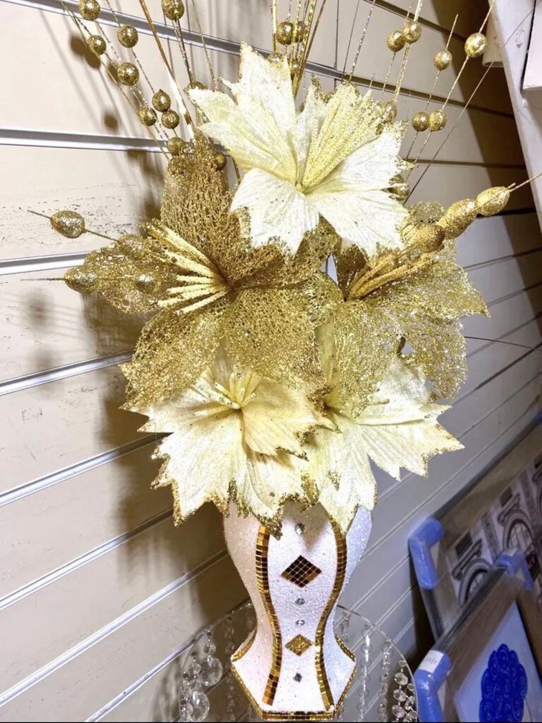 White & Gold Vase With Gold Cream Flowers Mosaic Crushed Etsy