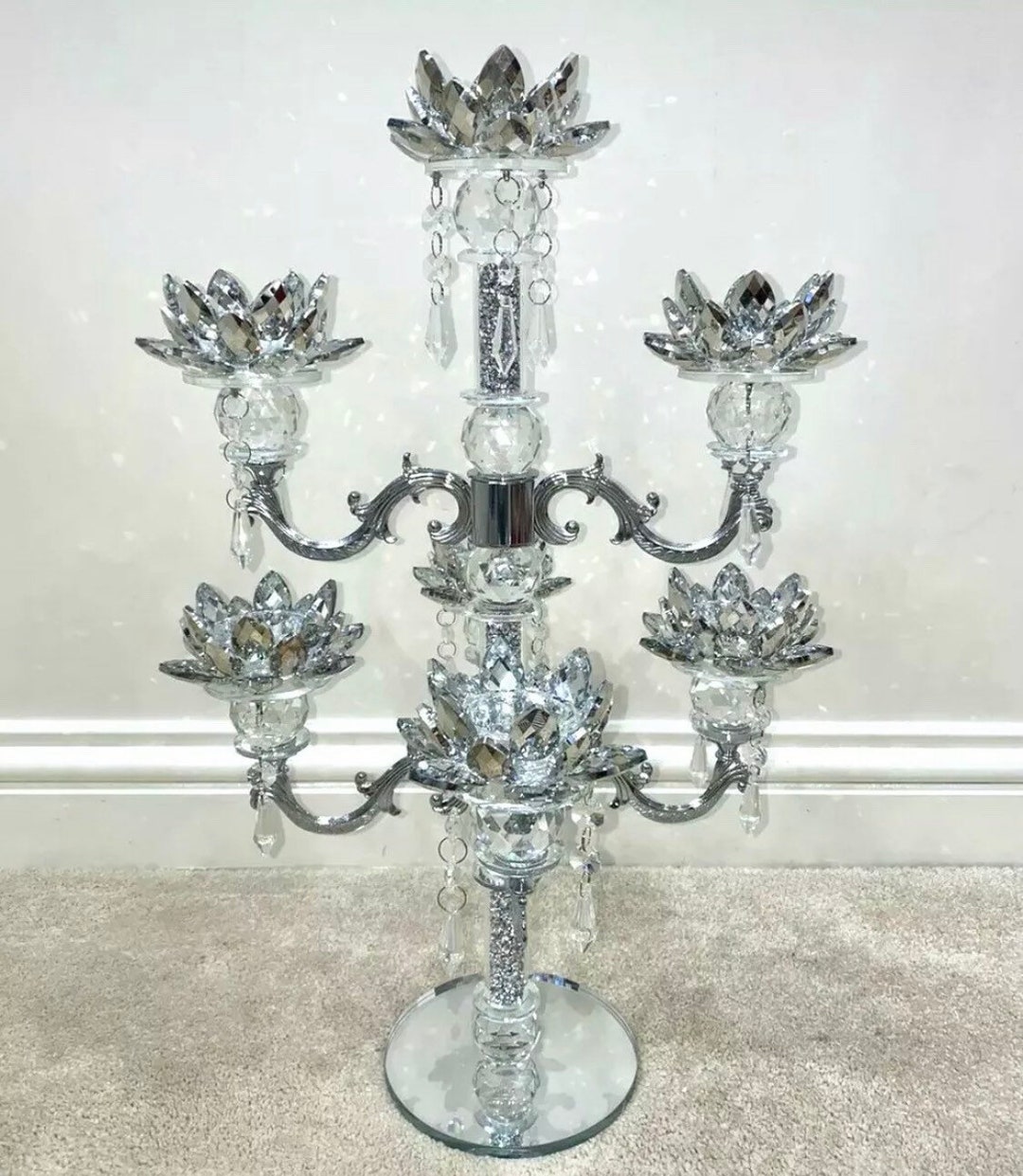 Crushed Diamond Candle Holder 7 Tier Lotus Silver Crystal Filled Romany