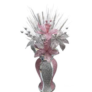Rosa silvervas med rosa silverblommor mosaik krossad kristall romany bling dekor 30 cm