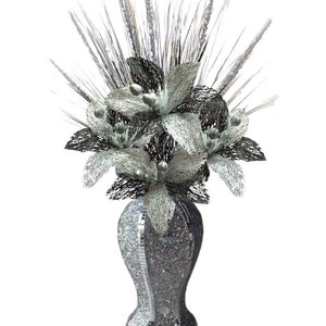 Black Silver Vase With Flowers Mosaic Crushed Crystal Romany Bling 30cms